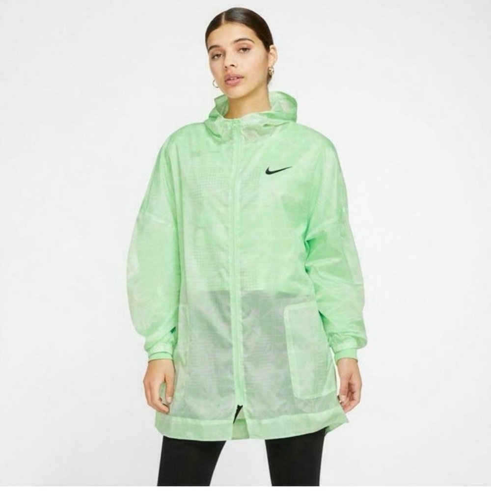 Nike Indio Sportswear Long Tail Woven Green Rain Jacket Womens Large